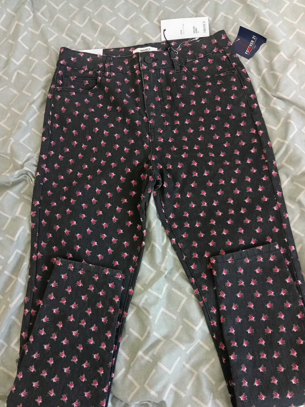 Forever 21 Black Jeans with Pink Rose Print